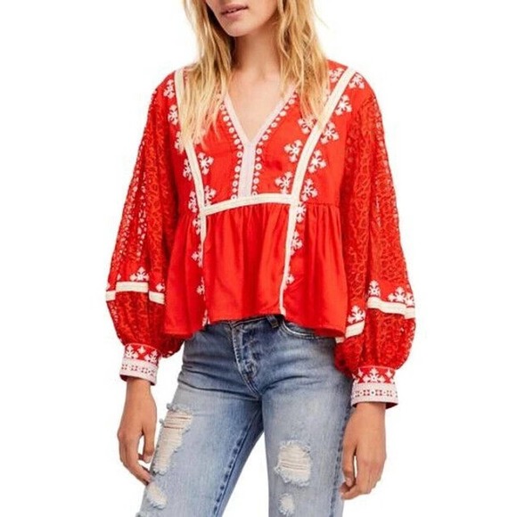 Free People Tops - Free People Boogie All Night Blouse Embroidered Peasant Top Red Medium H14179